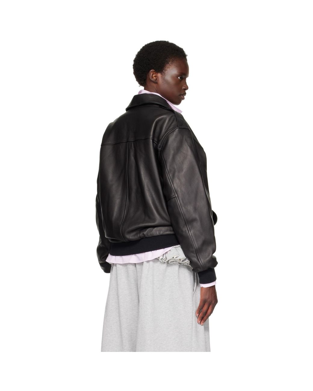 HOMMEGIRLS Black Zip Leather Bomber Jacket