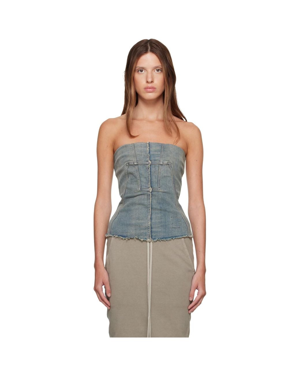 Rick Owens Blue Tower Splintered Denim Bustier Top