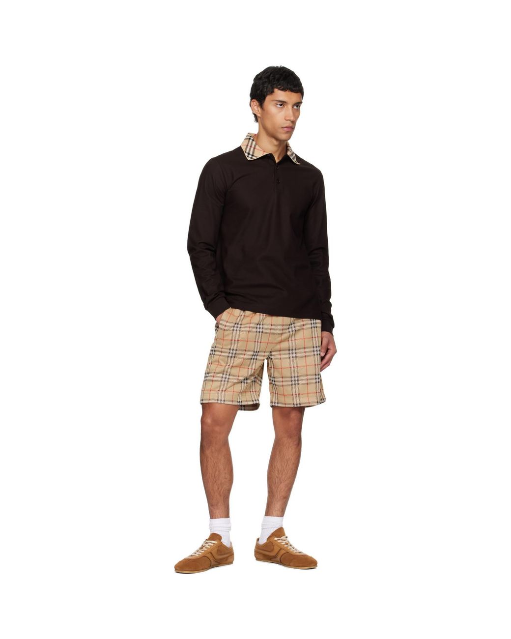 Burberry Black Long Sleeve Check Collar Cotton Polo for men