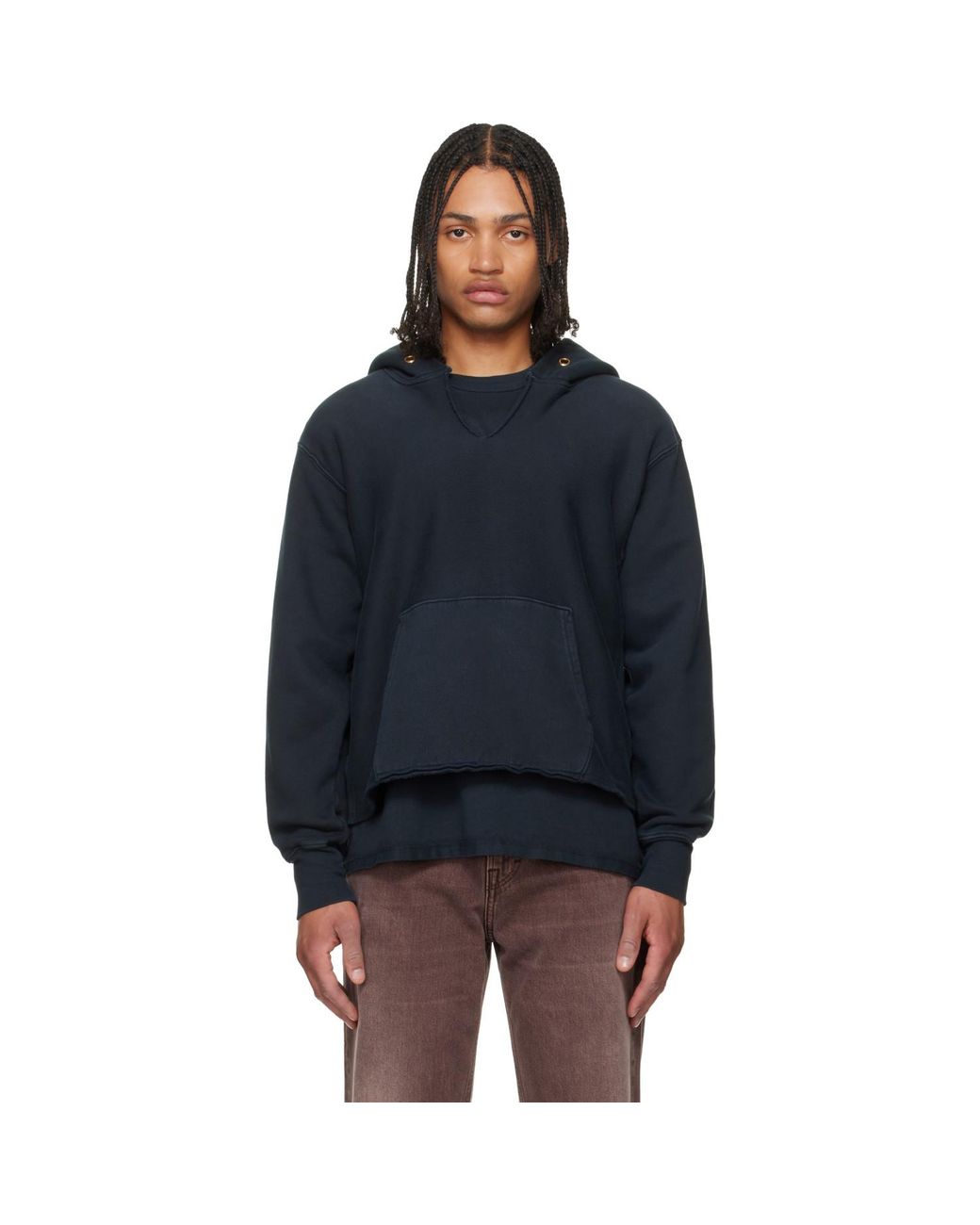 Les Tien Blue Heavyweight Raw Cropped Hoodie for men