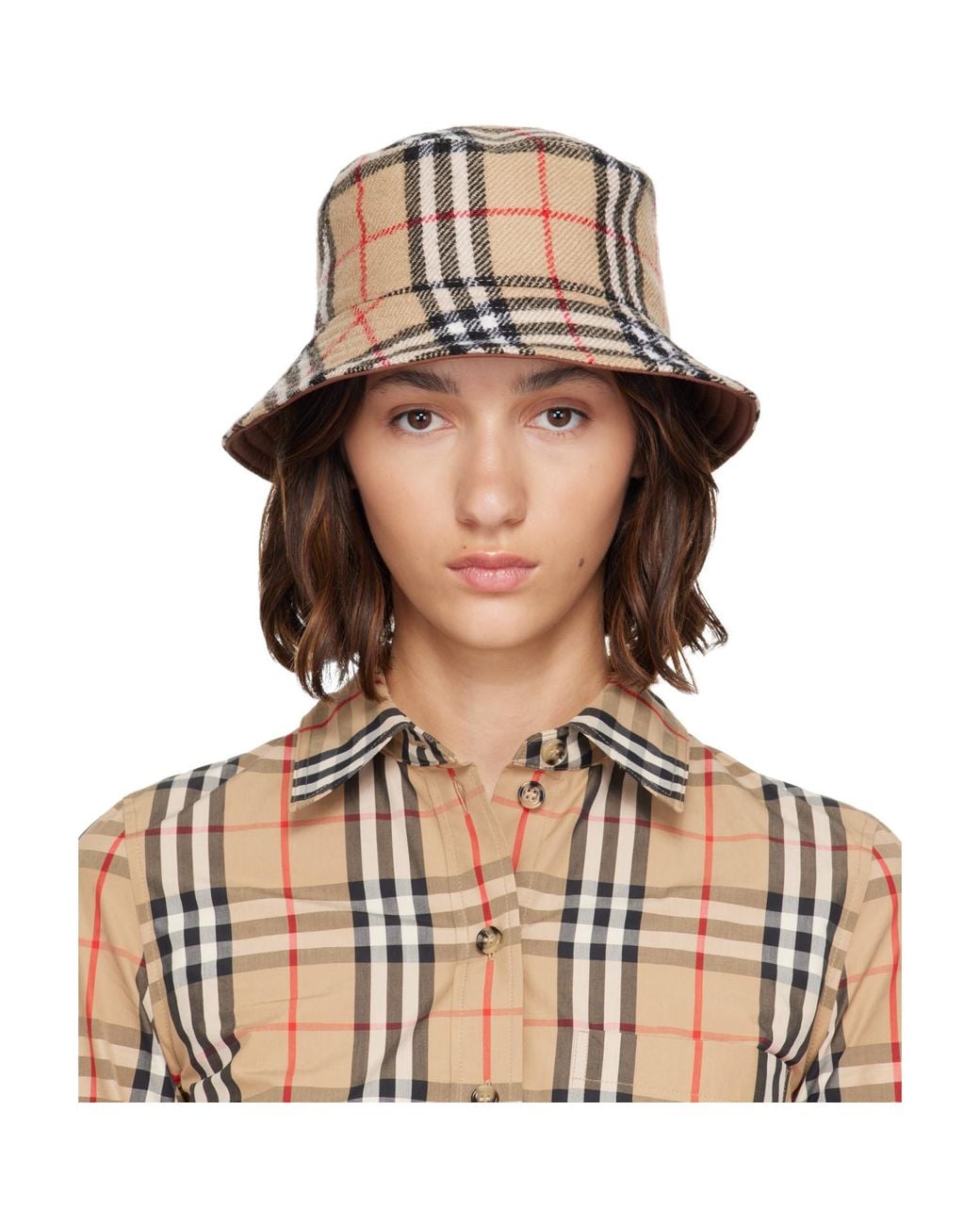 Burberry Brown Wool Check Reversible Bucket Hat