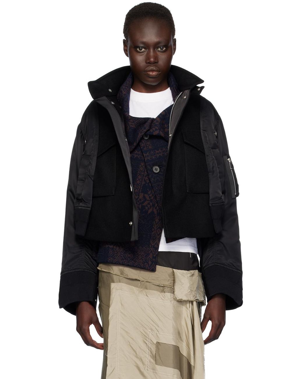 【SACAI】layered shell-paneled wool-blend bomber ジャケット Sacai - Shell Bomber Jacket - Brown Sacai