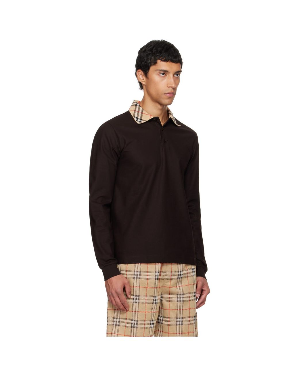 Burberry Black Long Sleeve Check Collar Cotton Polo for men