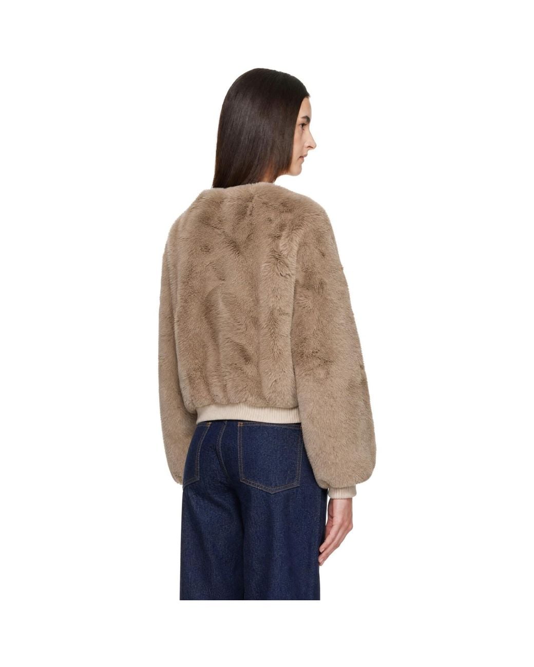 Frankie Shop Natural Taupe Senna Collarless Faux-Fur Jacket