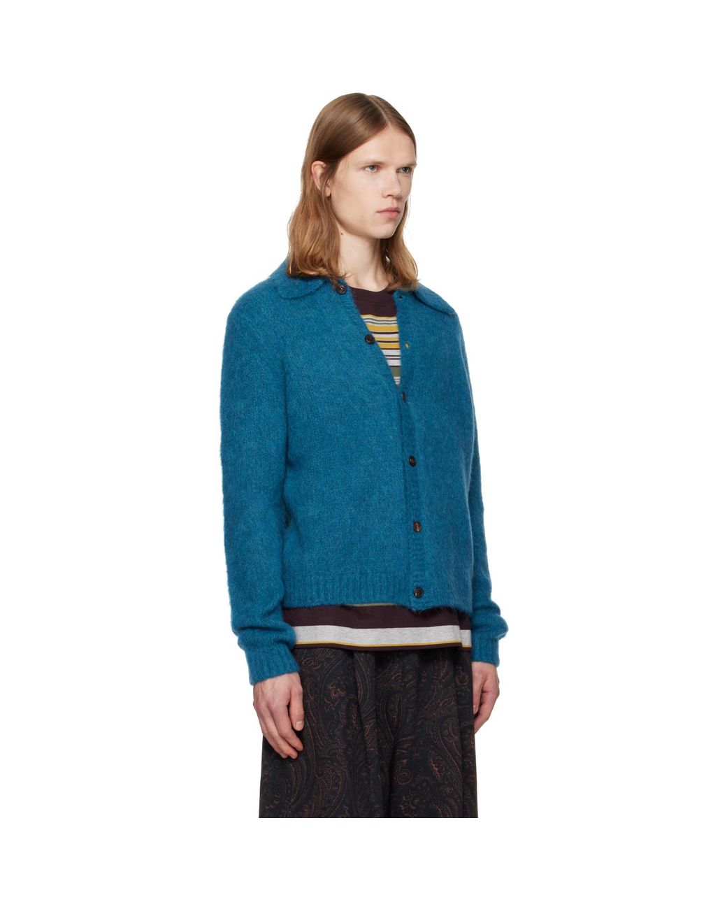 Dries Van Noten Blue Brushed Knit Cardigan for men