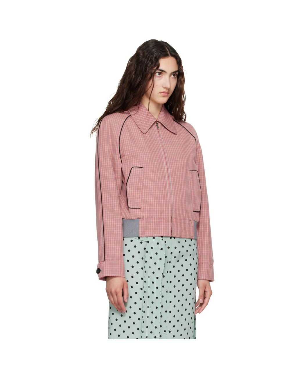 Marni Red Plaid Crop Bomber Jacket