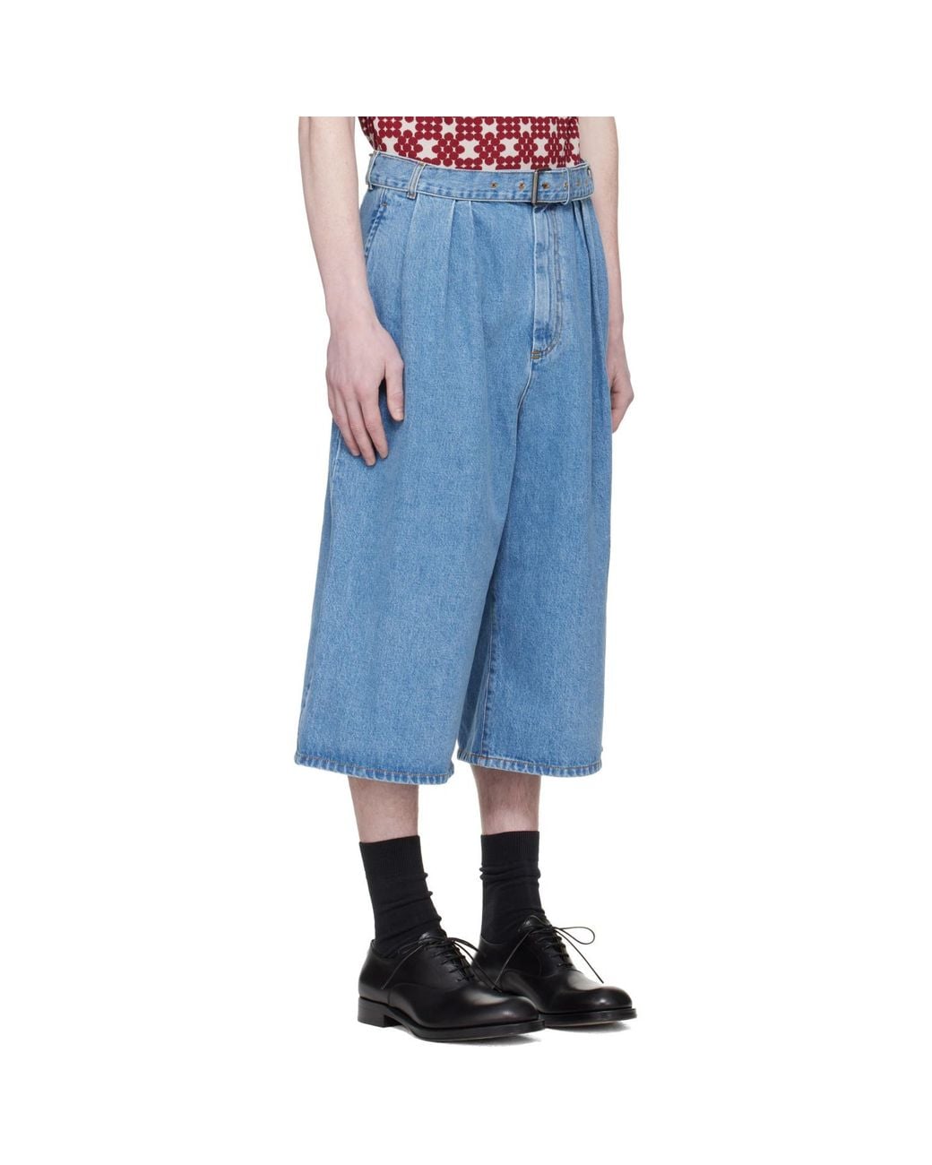 Dries Van Noten Blue Pleated Denim Shorts for men