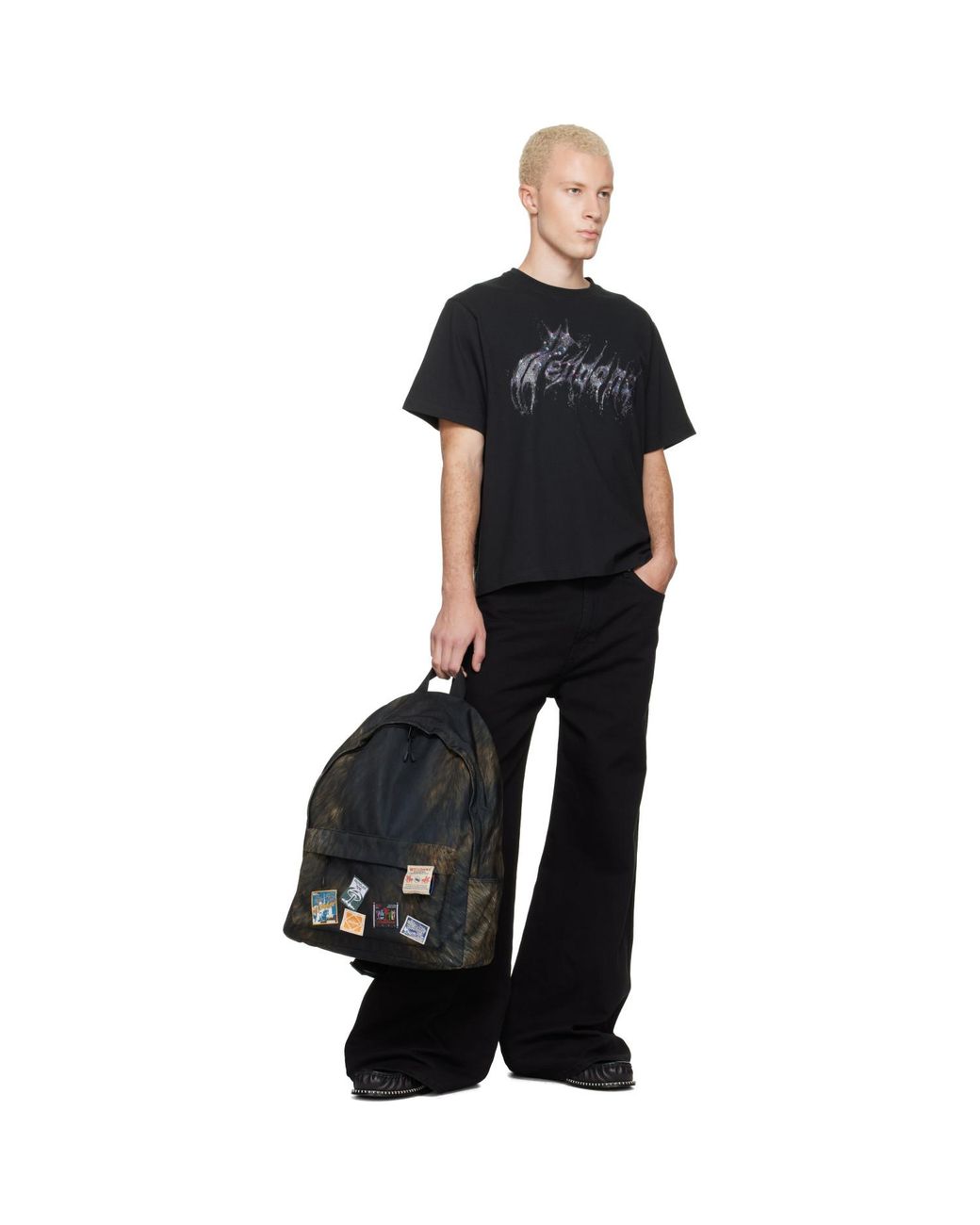 we11done Black Fur Printed Backpack for men