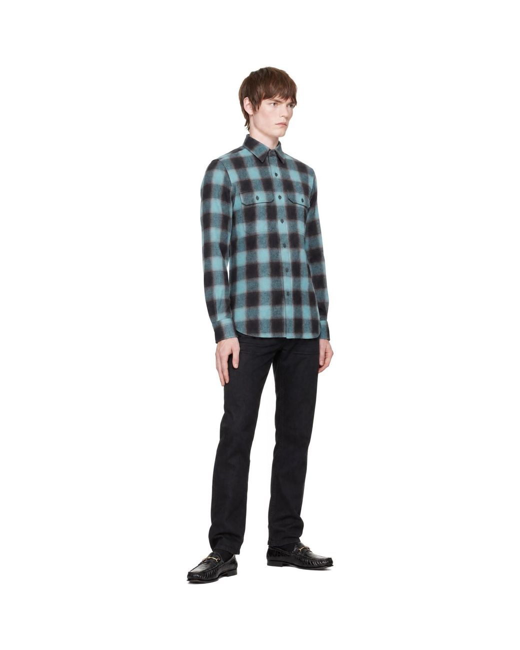 Tom Ford Blue Brushed Check Military Fit Shirt for men