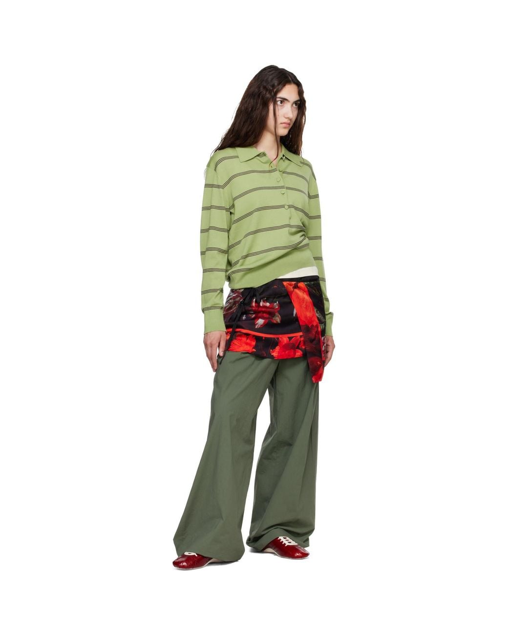Dries Van Noten Green Khaki Wide Pleated Trousers