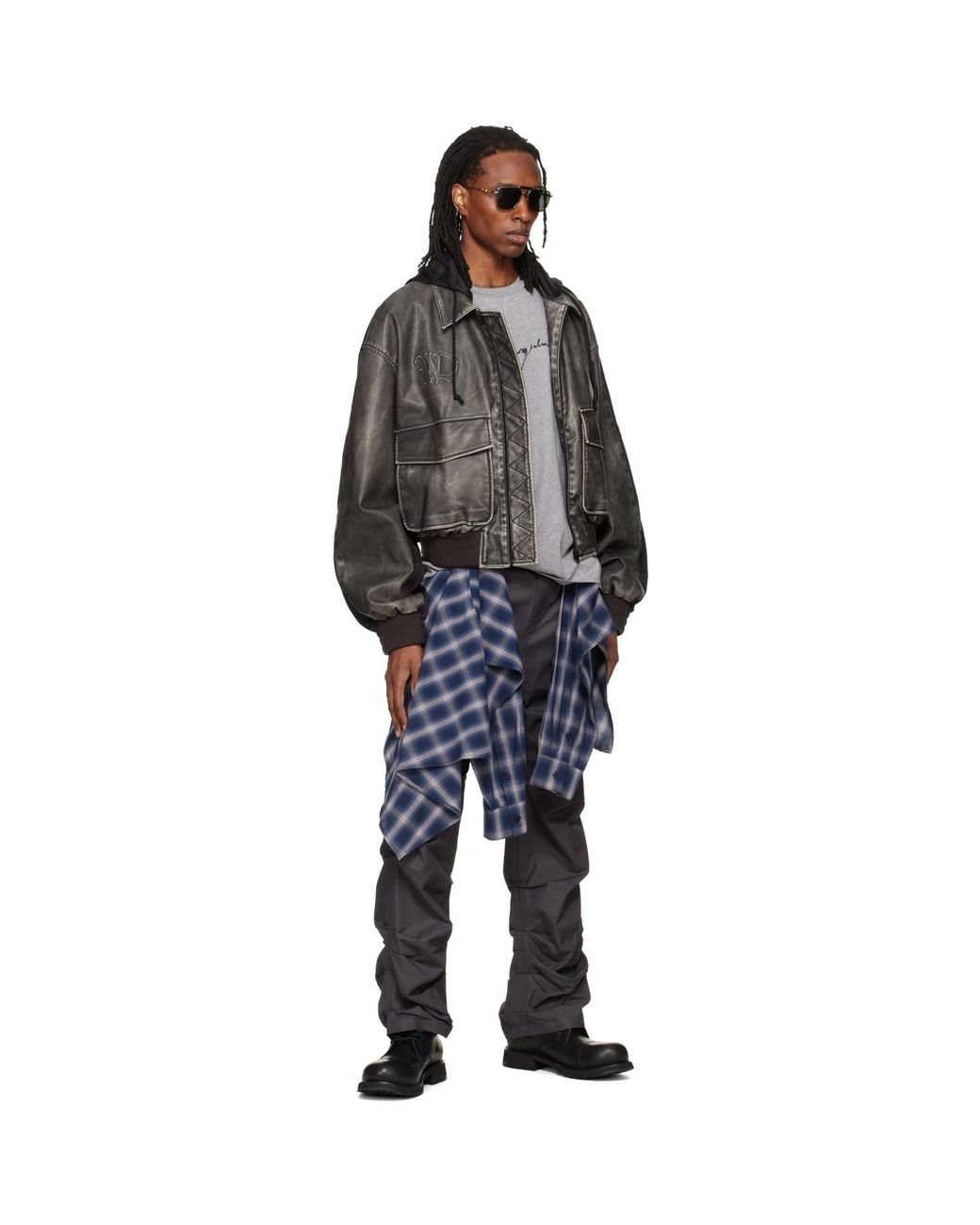 we11done Black Hybrid Hooded Faux-Leather Track Jacket for men