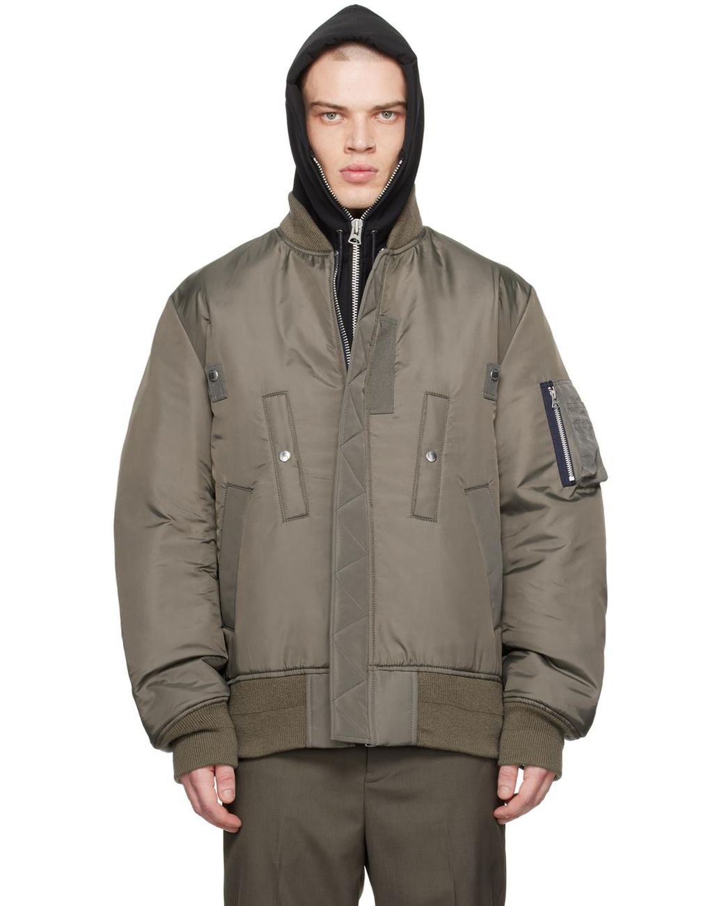 メンズ Sacai カーキ リバーシブル ジップアップ ボンバージャケット  