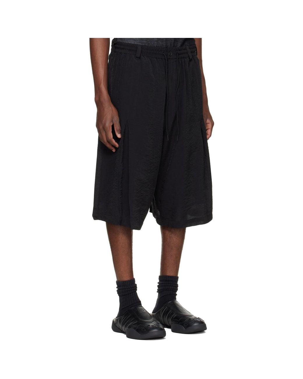 Y-3 Black Crinkle Pleated Shorts for men