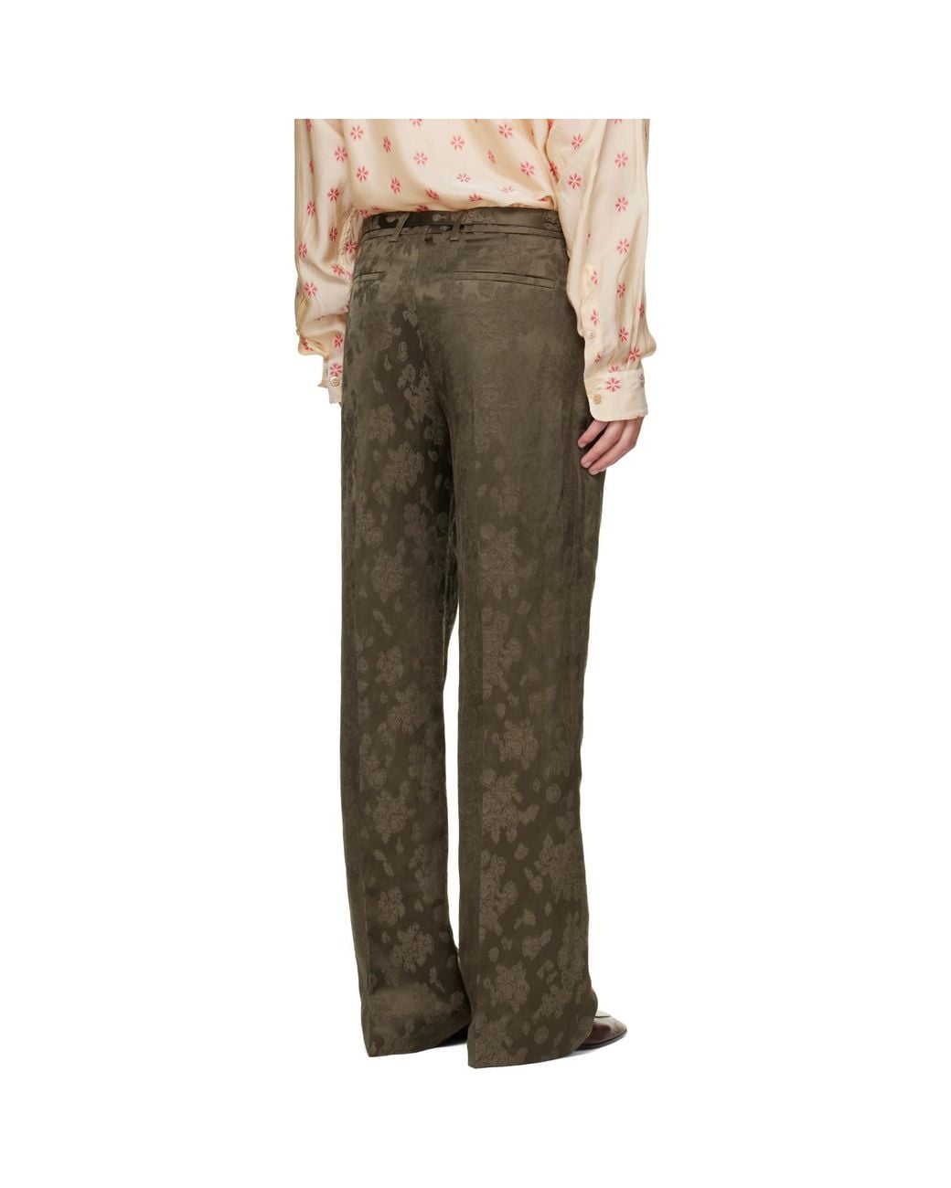 Dries Van Noten Green Khaki Belted Floral Jacquard Trousers for men