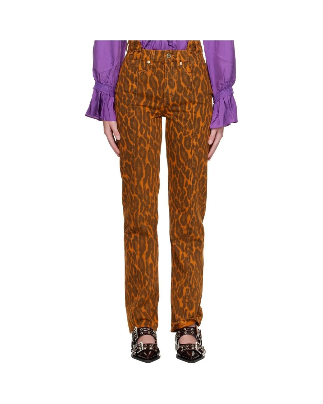 Ganni Brown Fold Leopard Denim Jeans