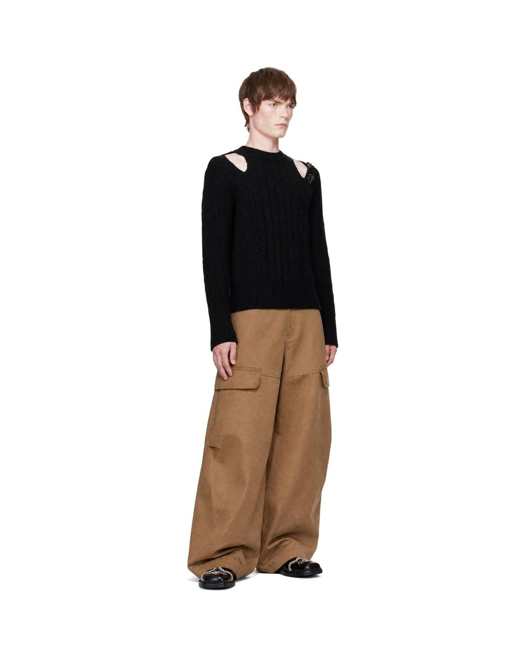 Simone Rocha Black Embellished Cable Knit Slash Sweater for men