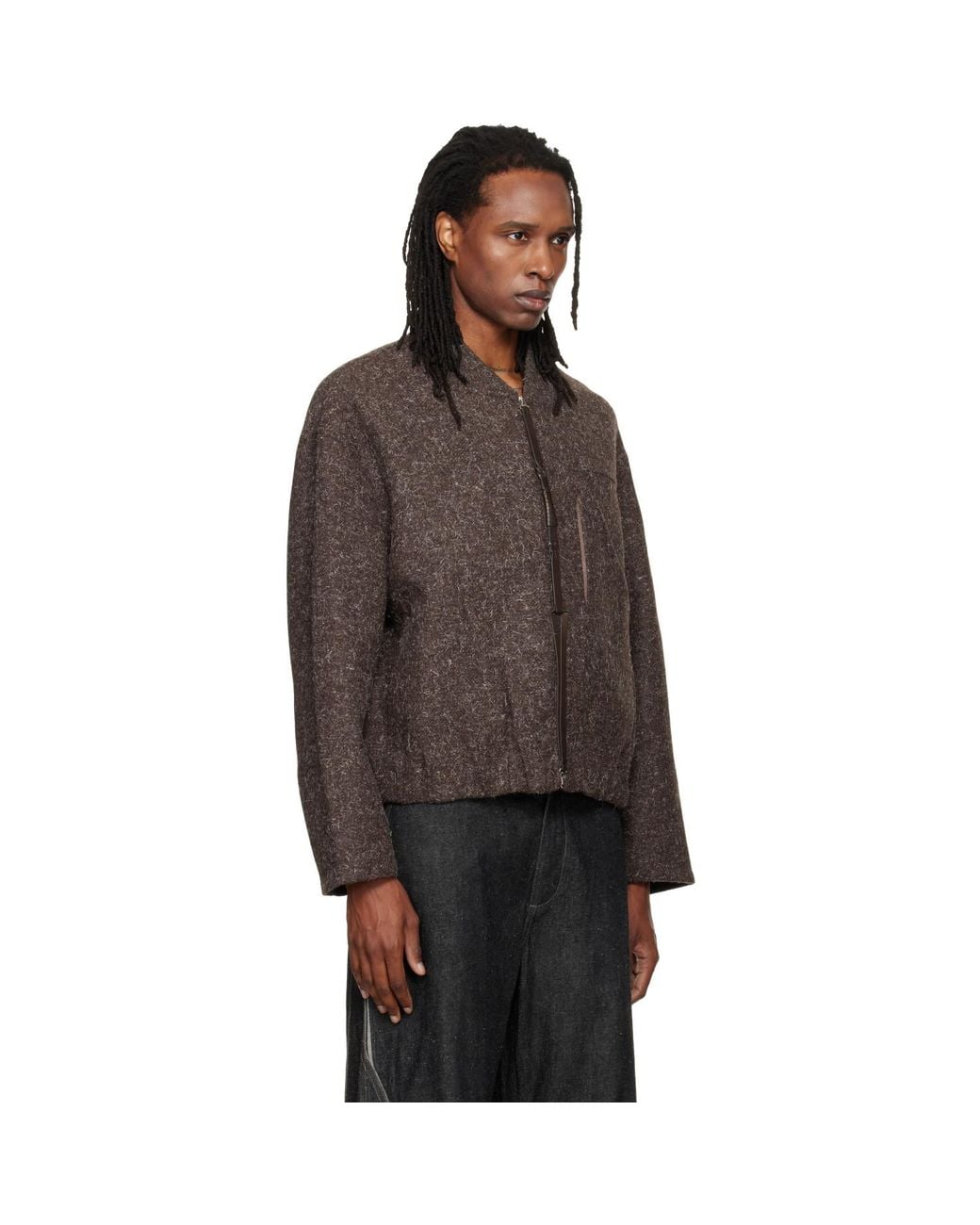 NULLUS Brown Wool Strapped Zipper Blouson Jacket for men