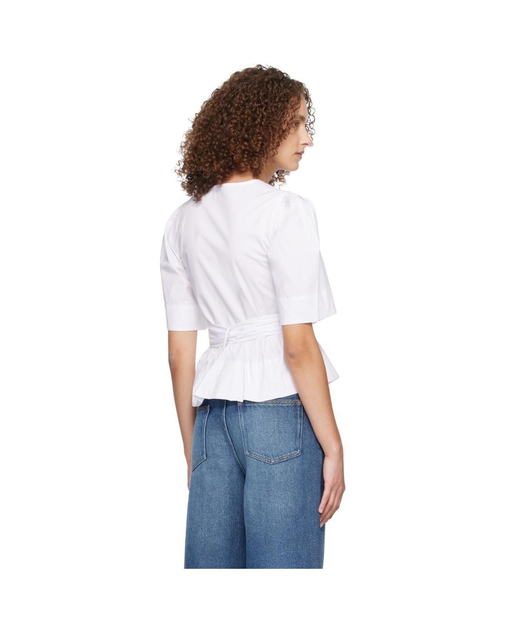Ganni White Washed Stretch Cotton Tie Strap Blouse