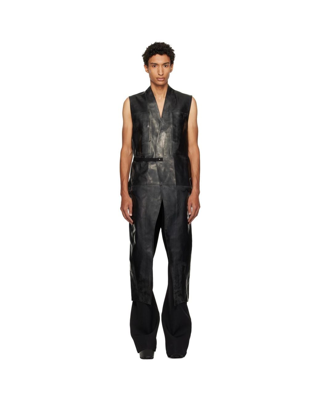 Rick Owens Black Tower Long Lab Leather Vest for men