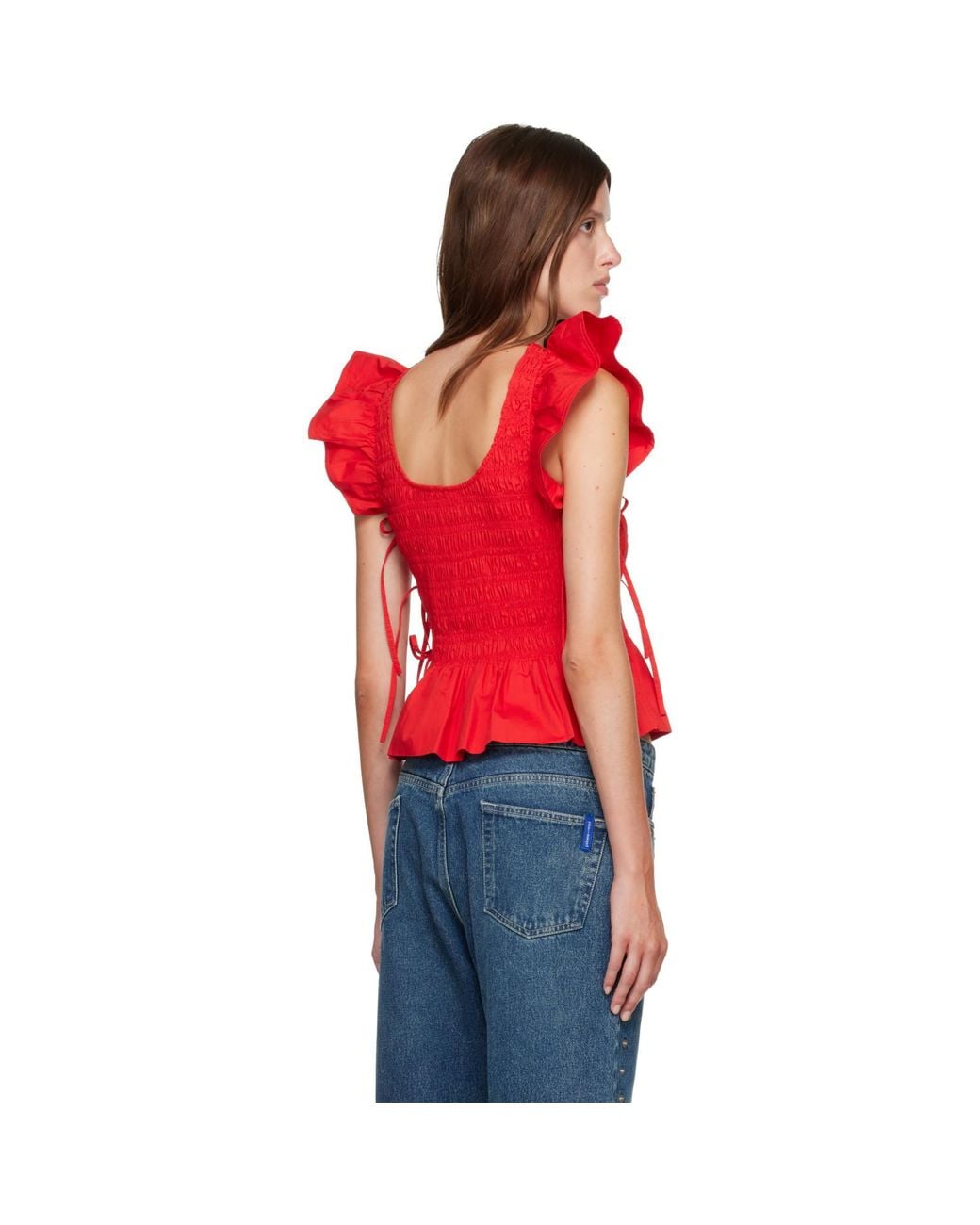 Ganni Red Smocked Cotton Blouse