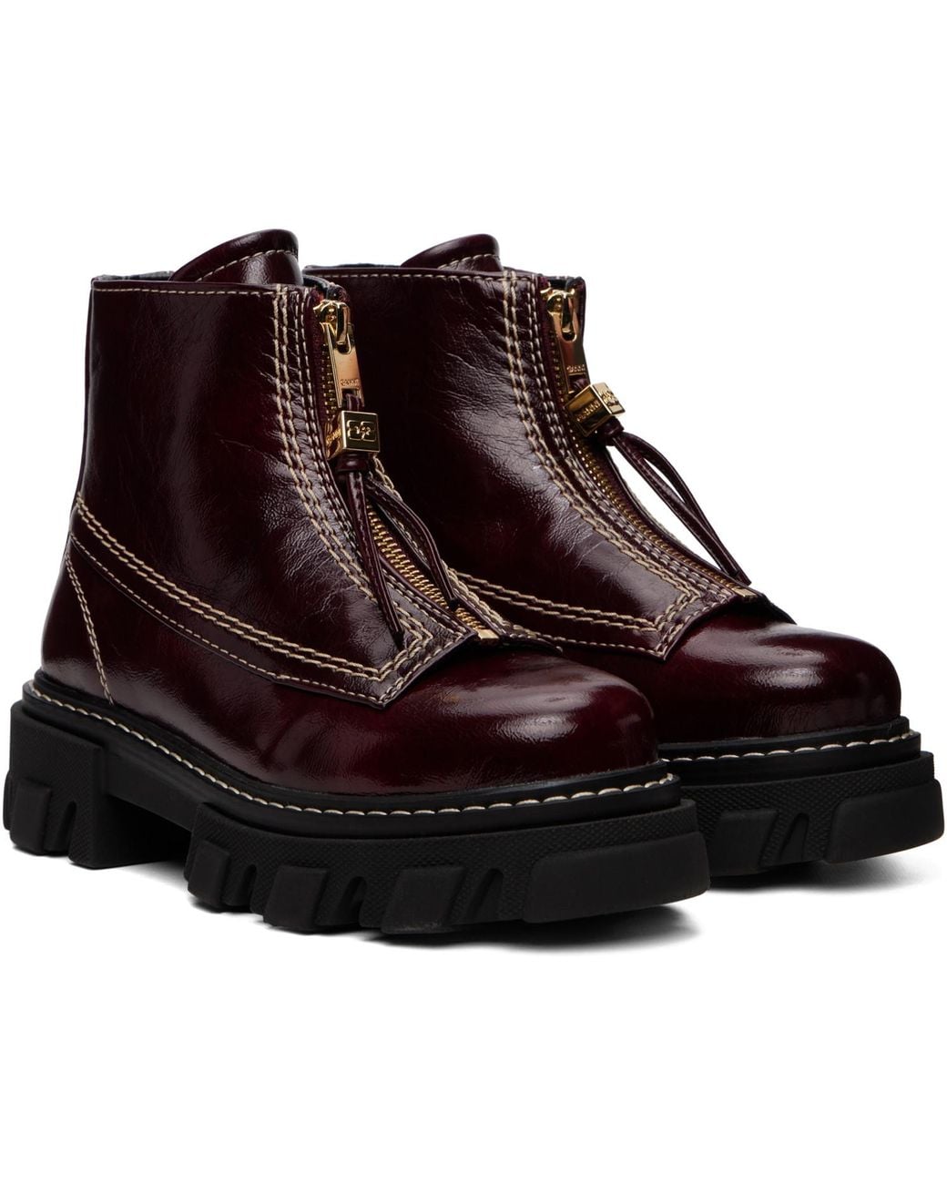 Ganni Brown Burgundy Cleated Boots