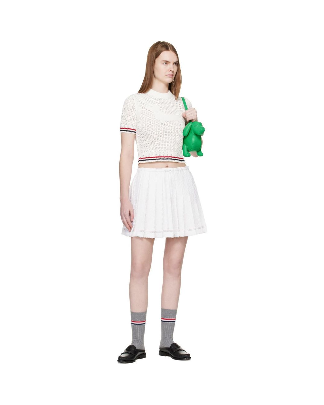 Thom Browne White Eyelash Tweed Drawstring Pleated Miniskirt