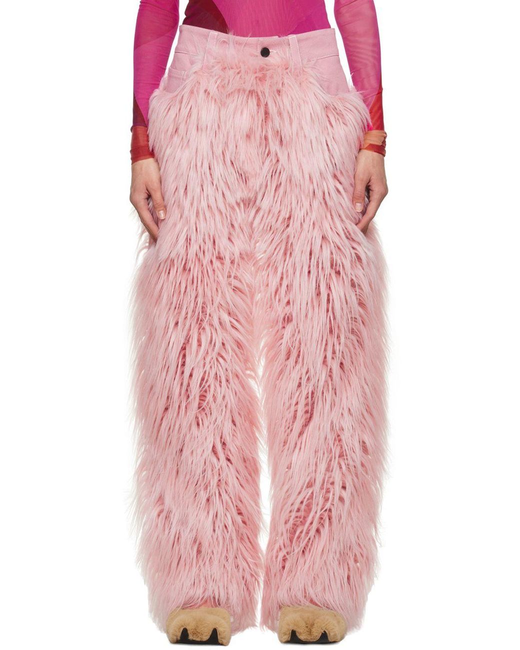 PAULA CANOVAS DEL VAS Paneled Faux-fur Jeans in Pink | Lyst