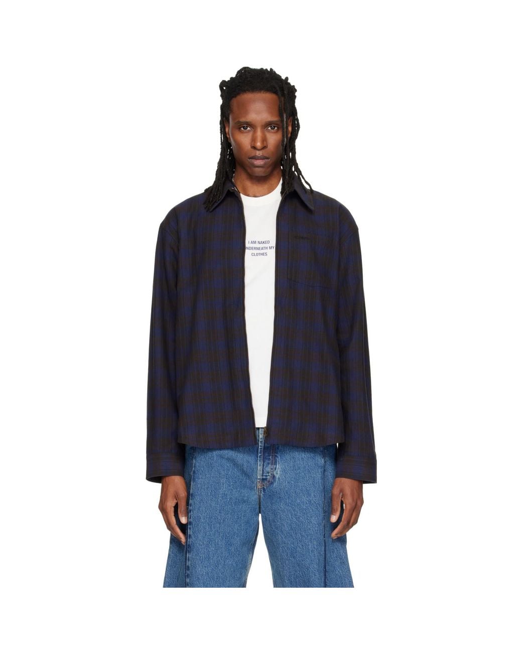 Vetements Blue Zip Up Flannel Shirt for men