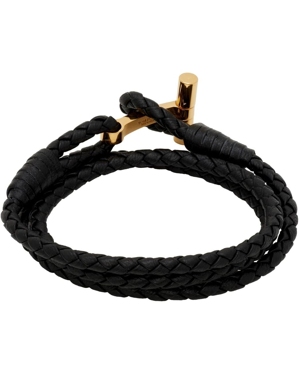 Tom Ford Black Braided Leather T Bracelet for men