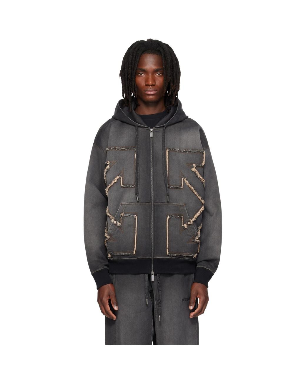 Off-White c/o Virgil Abloh Gray Distressed Arrow Skate Zip Hoodie for men