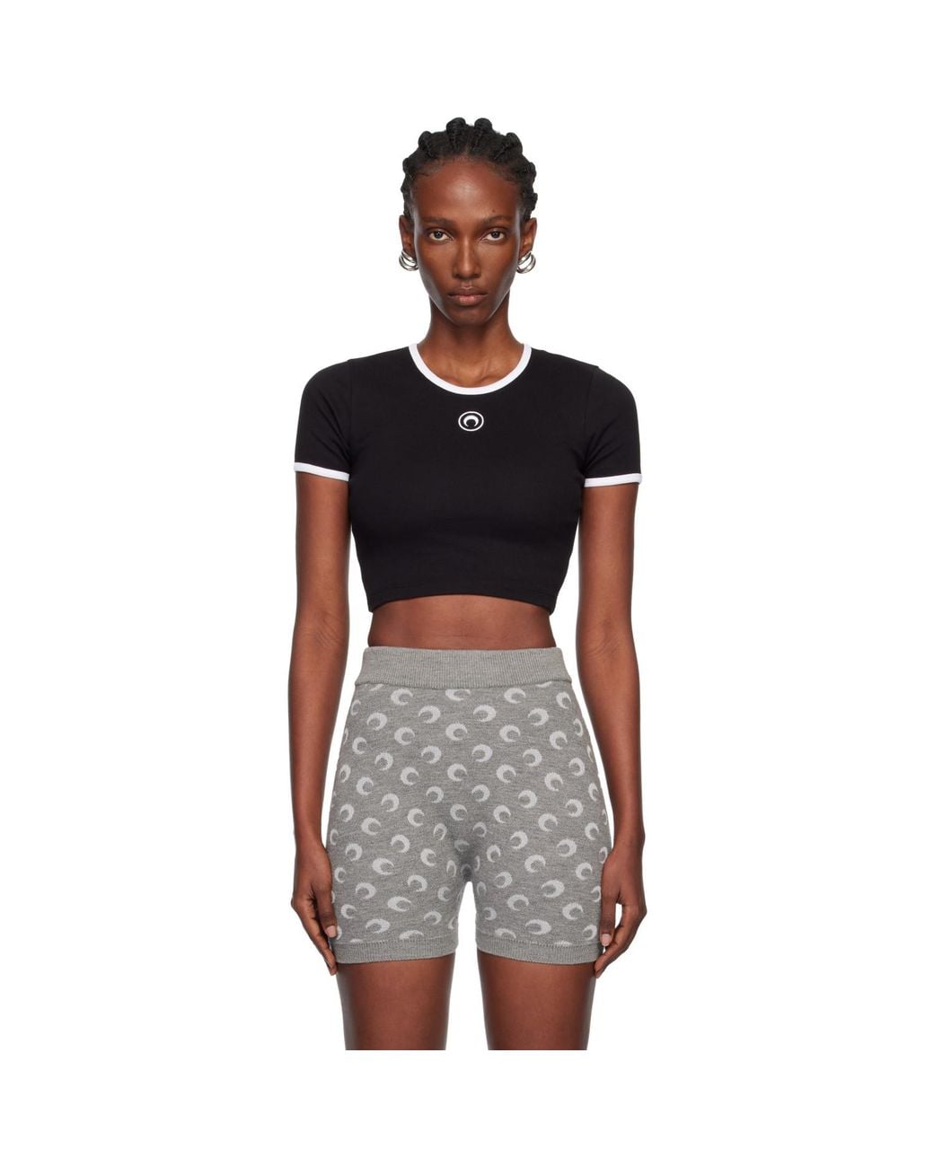 MARINE SERRE Black Moon Logo Ribbed Jersey Cropped T-Shirt