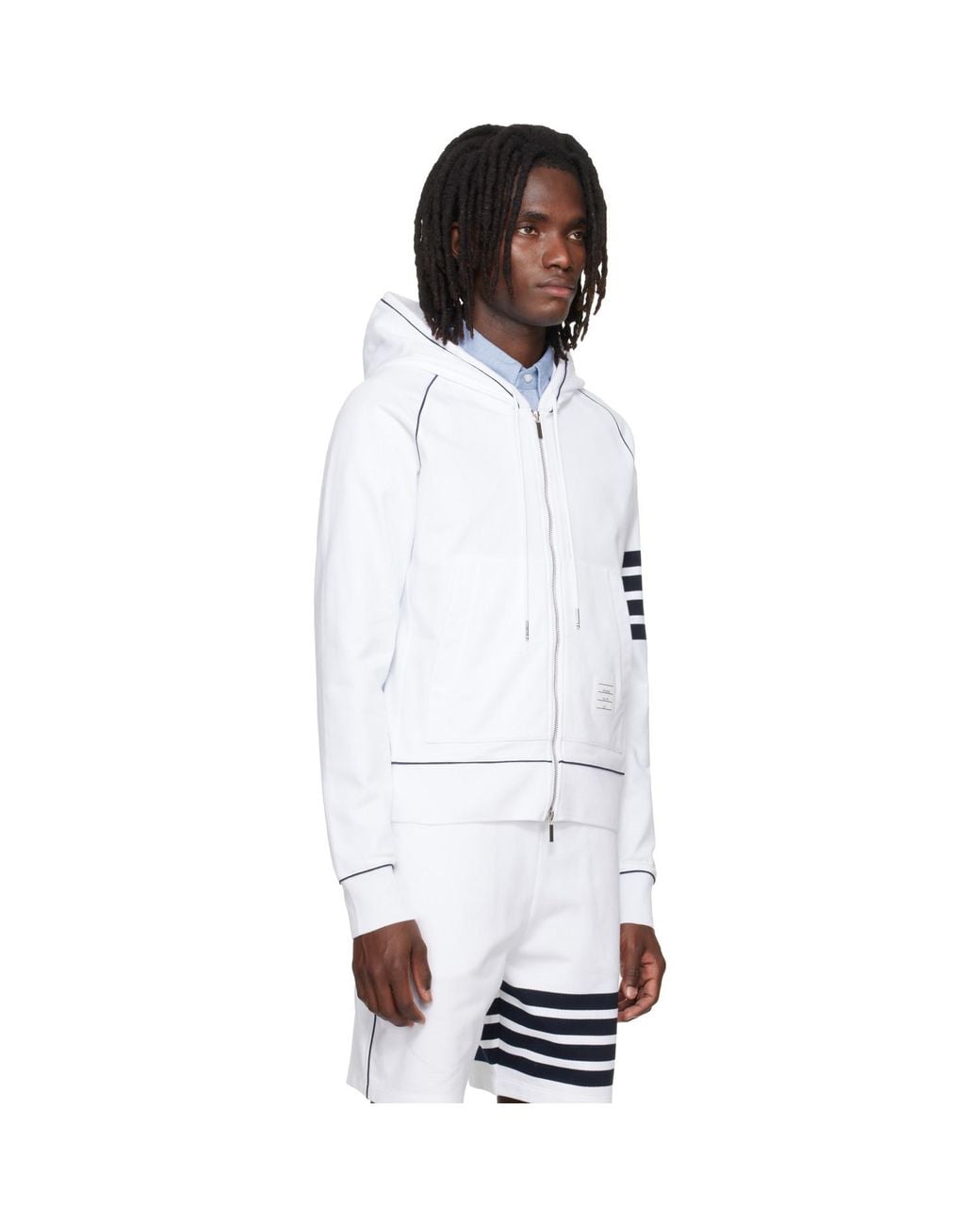 Thom Browne White Loopback 4-Bar Zip Up Hoodie for men