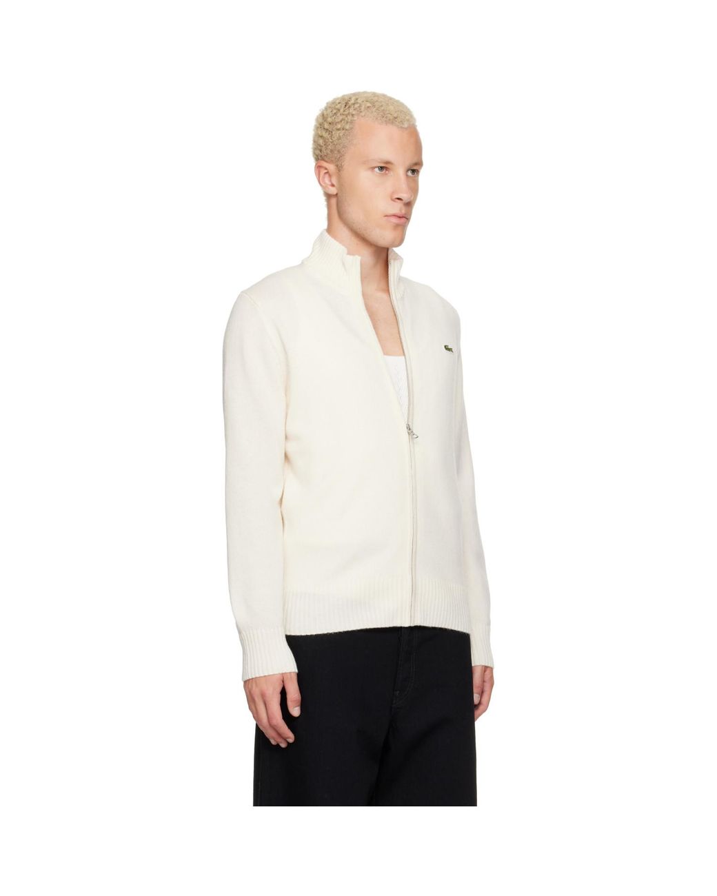 Lacoste White Off- Wool Zip-Up Sweater for men