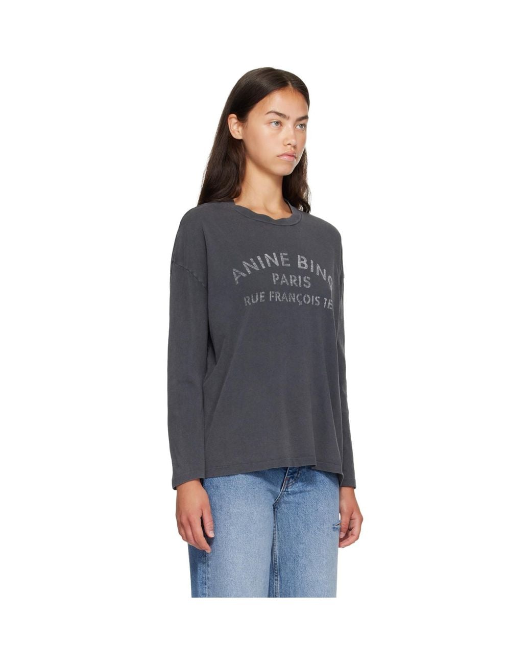 Anine Bing Black Ivan Long Sleeve 'Paris' Stencil T-Shirt