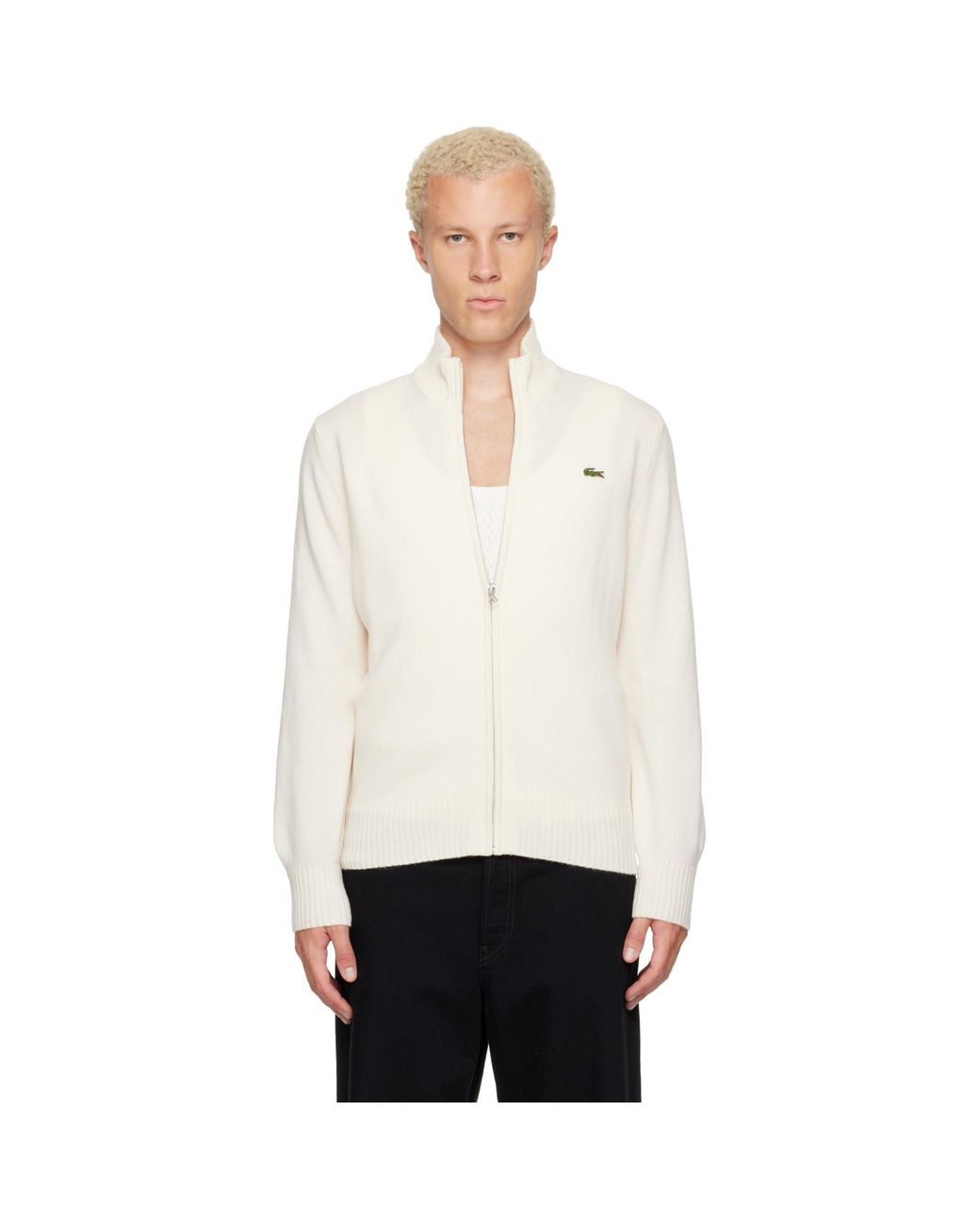 Lacoste White Off- Wool Zip-Up Sweater for men
