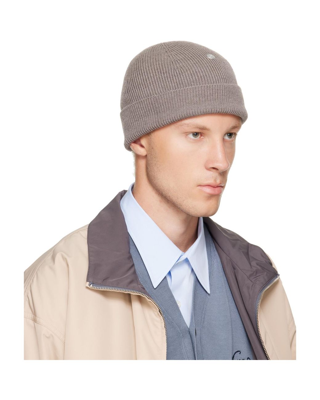 Acne Blue Taupe Wool Rivet Beanie for men