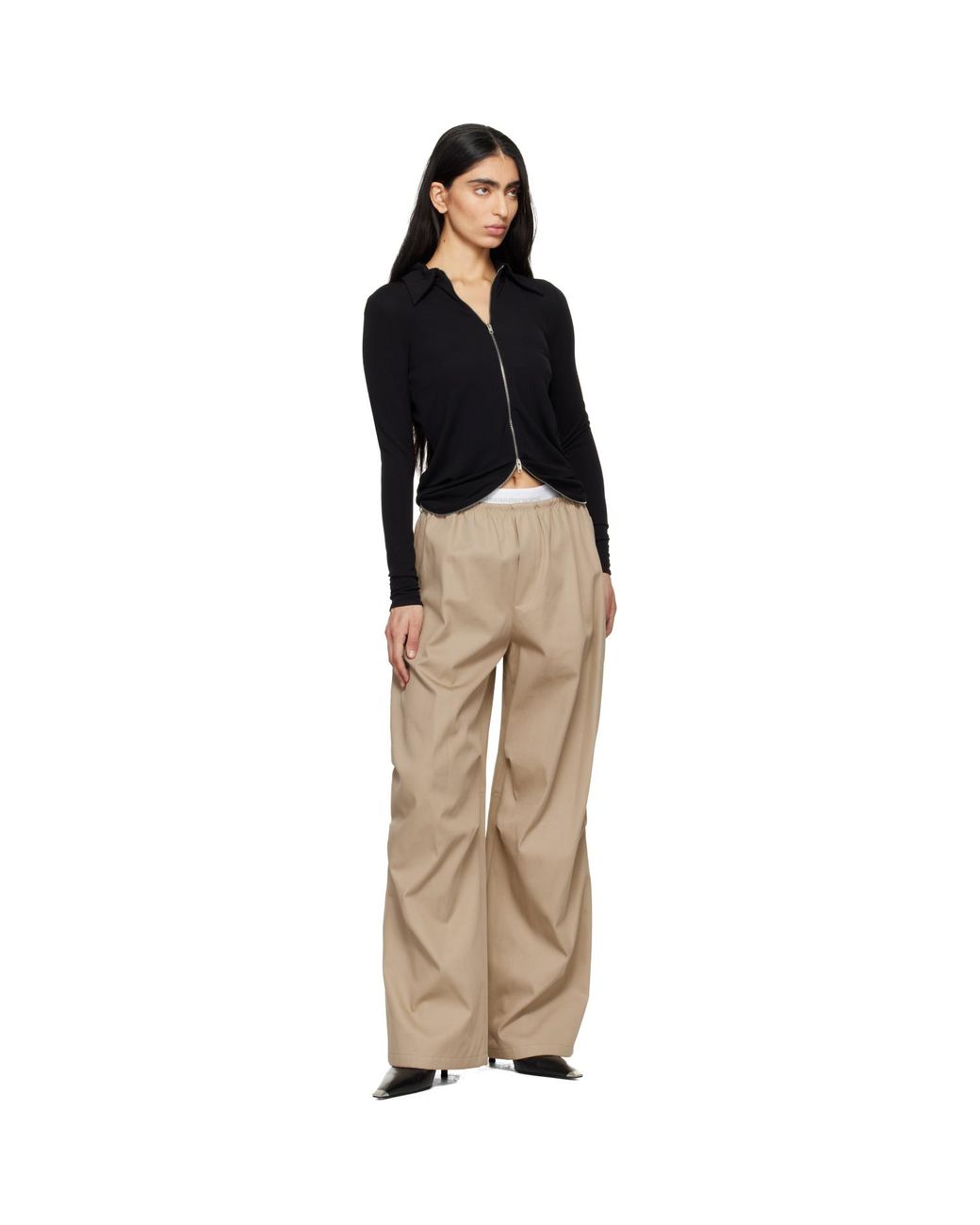 Alexander Wang Natural Taupe Logo Elastic Mid-Rise Trousers