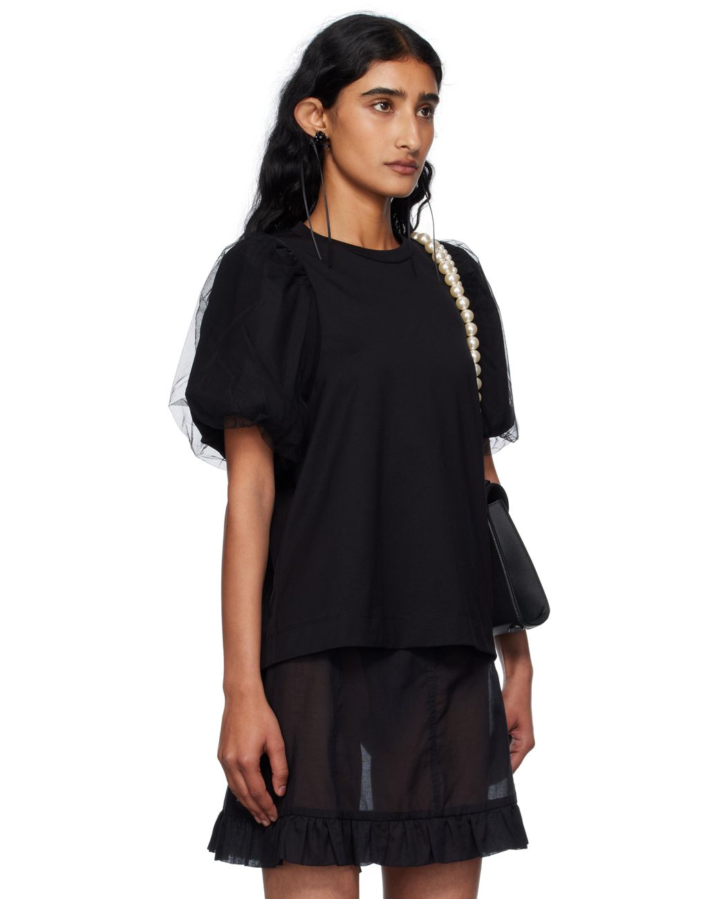 Simone Rocha Black Tulle Overlay Puff Sleeve T-Shirt