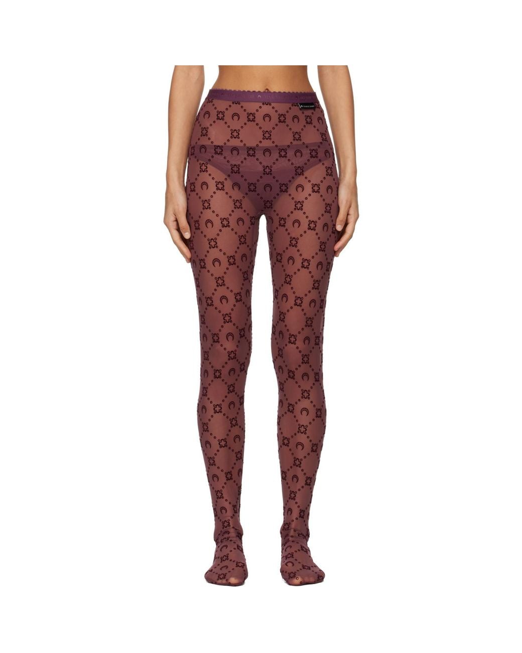 MARINE SERRE Red Burgundy Moonogram Mesh Flock Tights