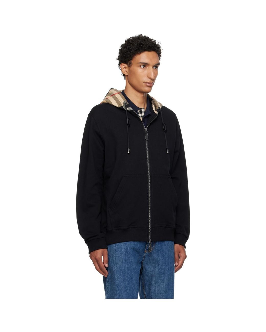 Burberry Black Check Hood Cotton Zip Hoodie for men