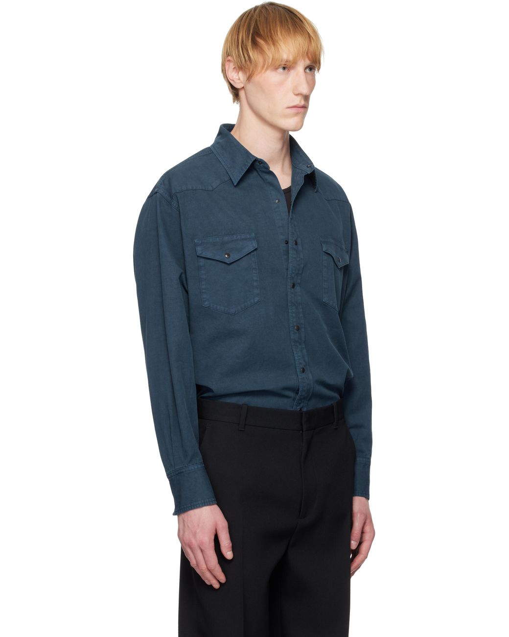 AURALEE Product Dyed Finx Gabardine Western Shirt in Blue