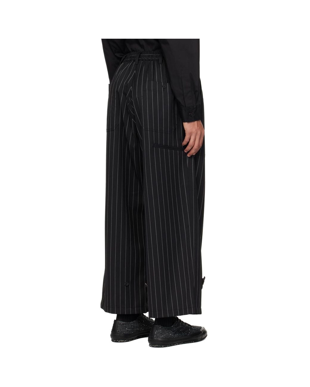 Y-3 Black Pinstripe Refined Wool Wide Leg Trousers for men