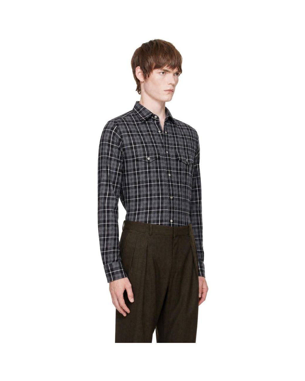 Tom Ford Black Grand Twill Check Western Shirt for men