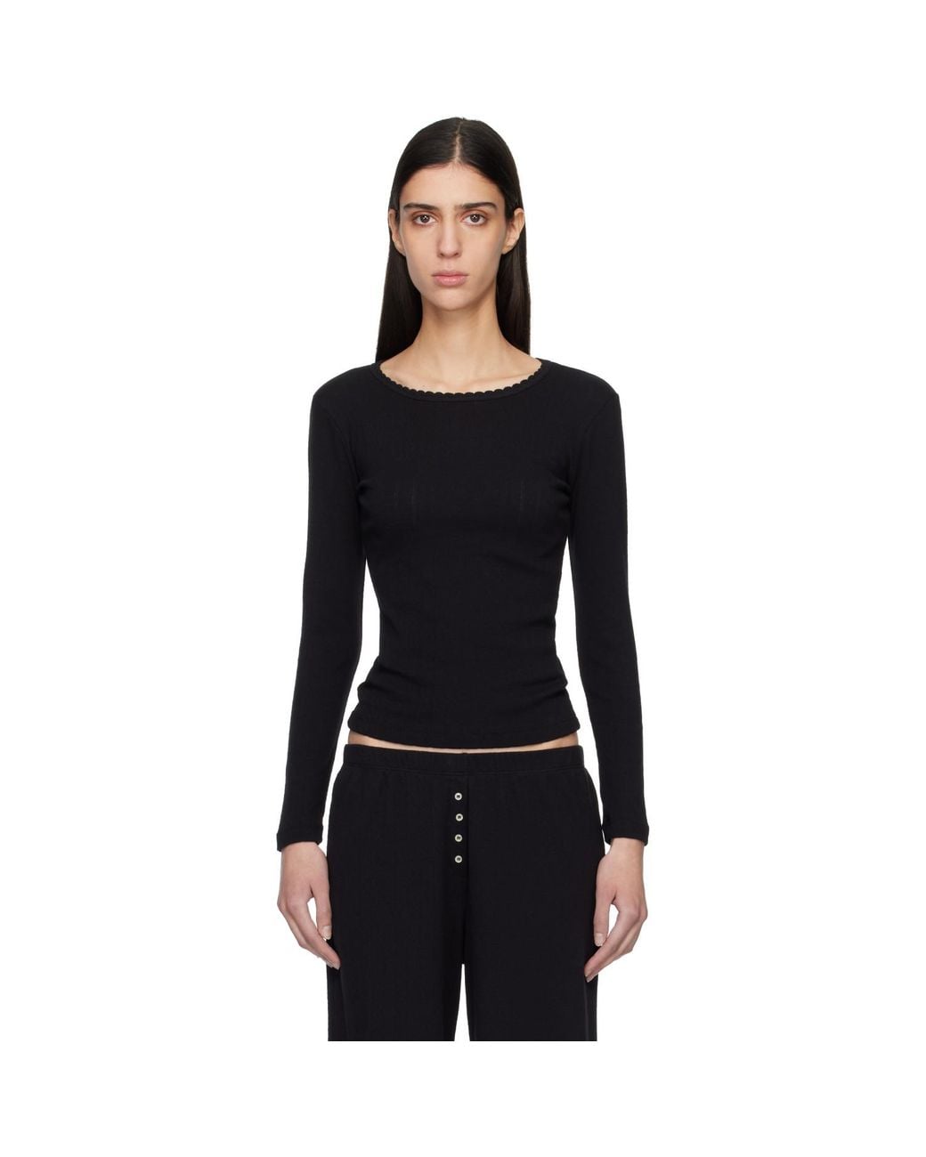 Leset Black Pointelle Slim Fit Long Sleeve T-Shirt
