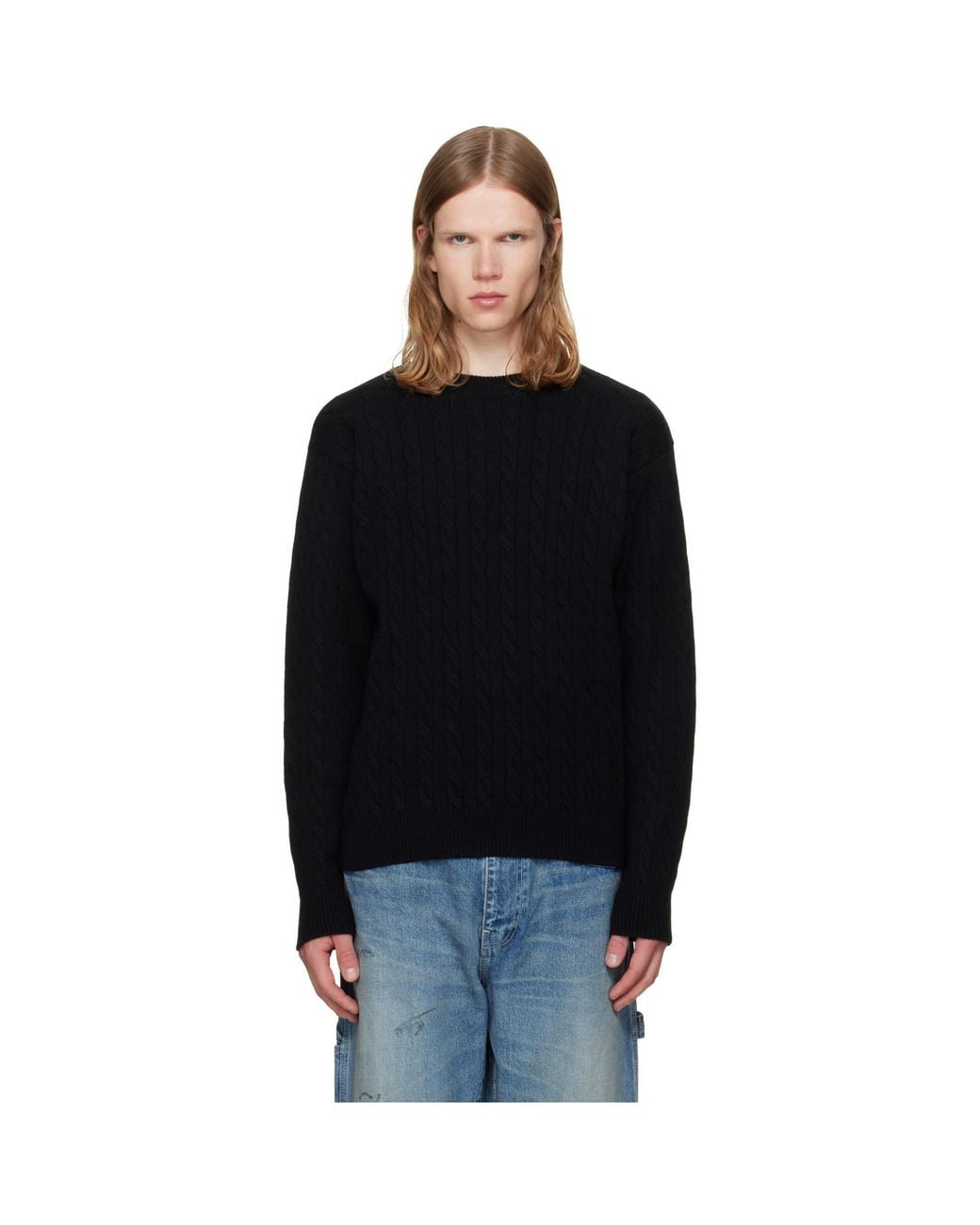 vowels Black Cable Knit Crewneck Sweater for men