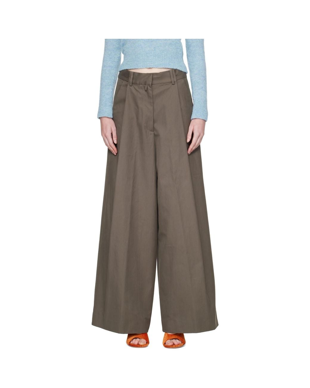 Dries Van Noten Gray Khaki Wide Pleated Cotton Trousers