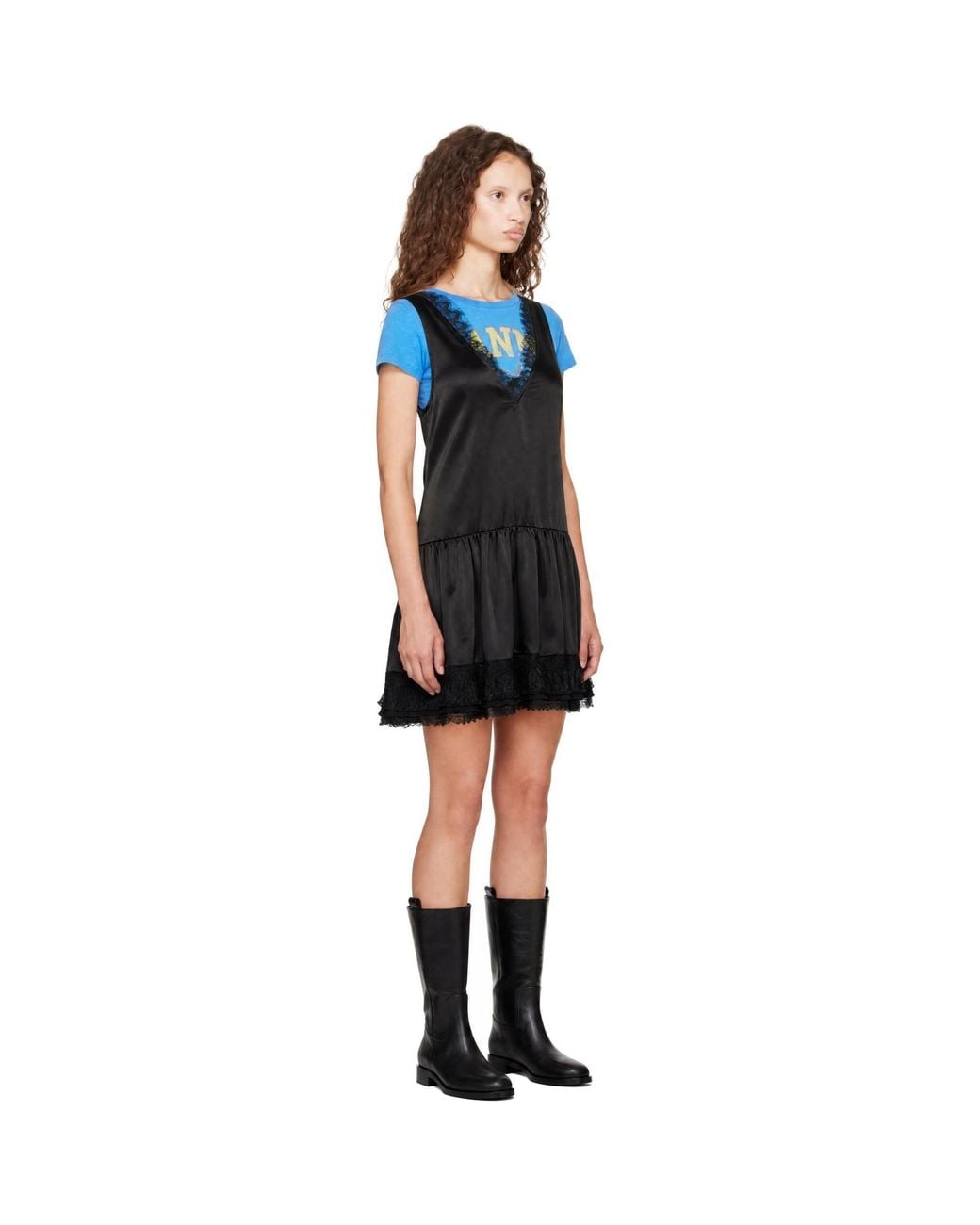 Ganni Blue Fluid Satin V-Neck Lace Mini Dress