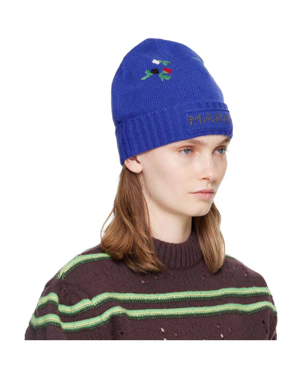 Marni Blue Wool & Cashmere Flower Beanie