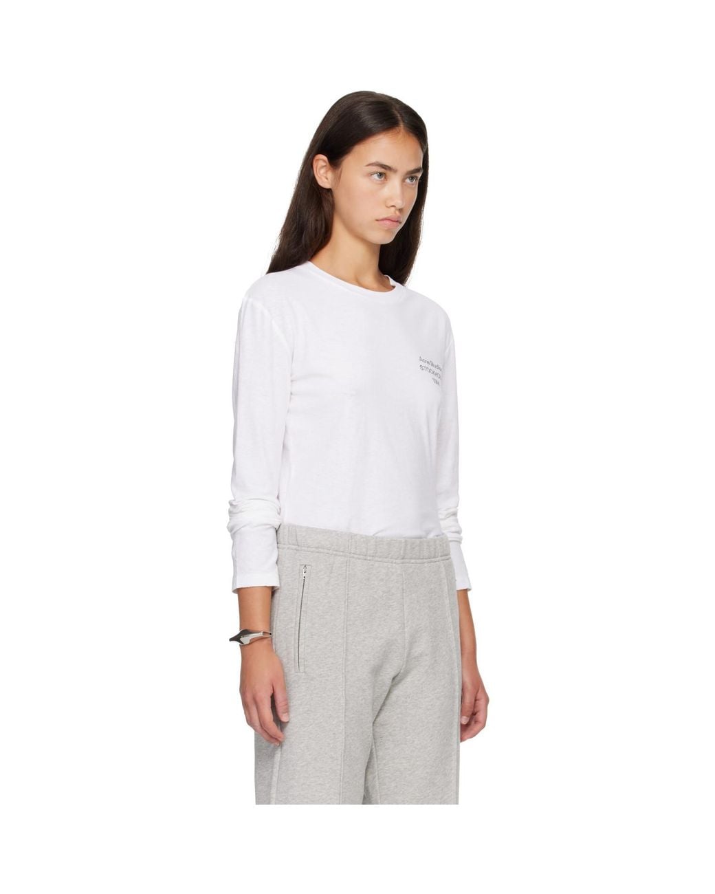 Acne White Distressed Logo Long Sleeve T-Shirt