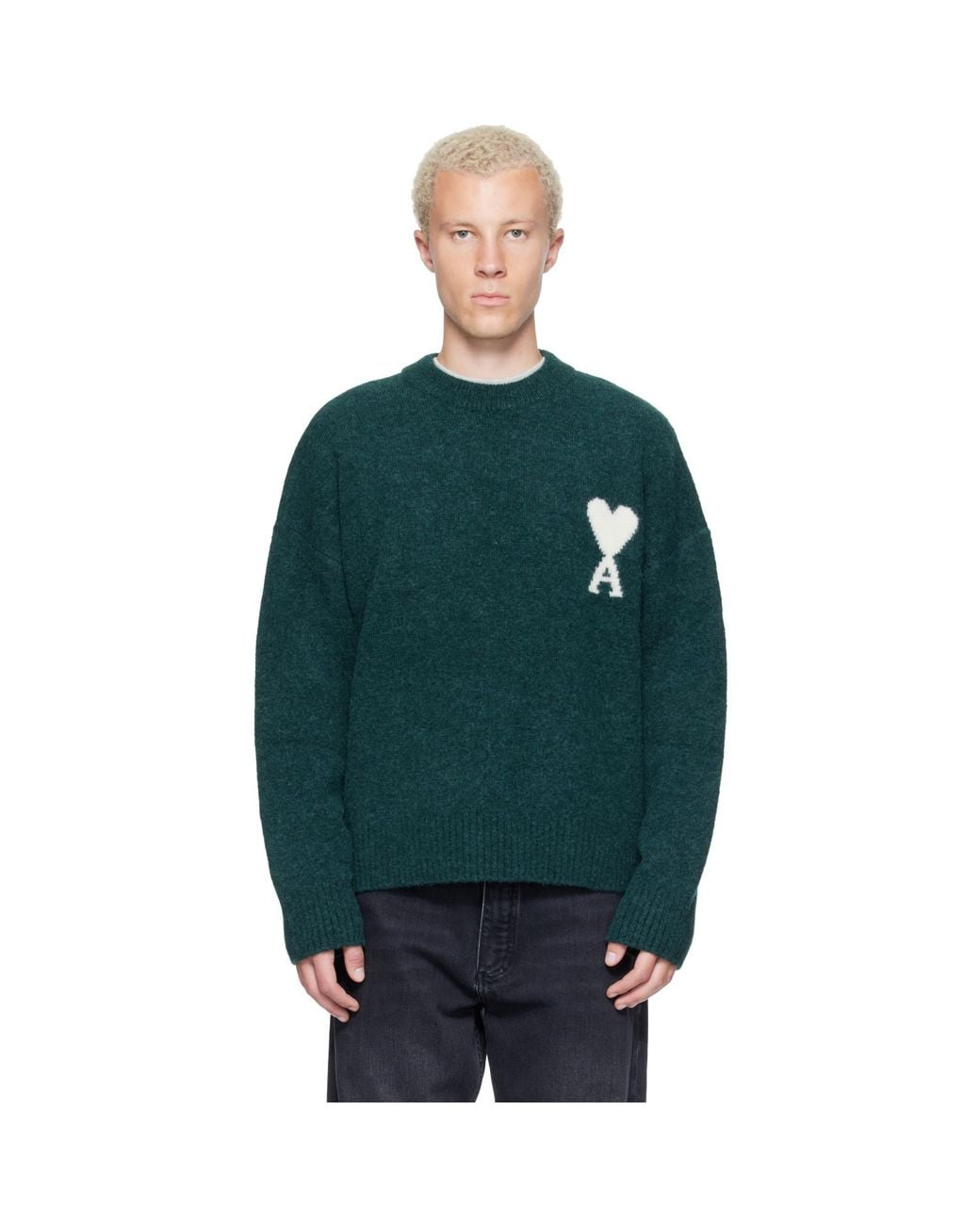 AMI Green Crewneck Alpaca Ami De Coeur Sweater for men